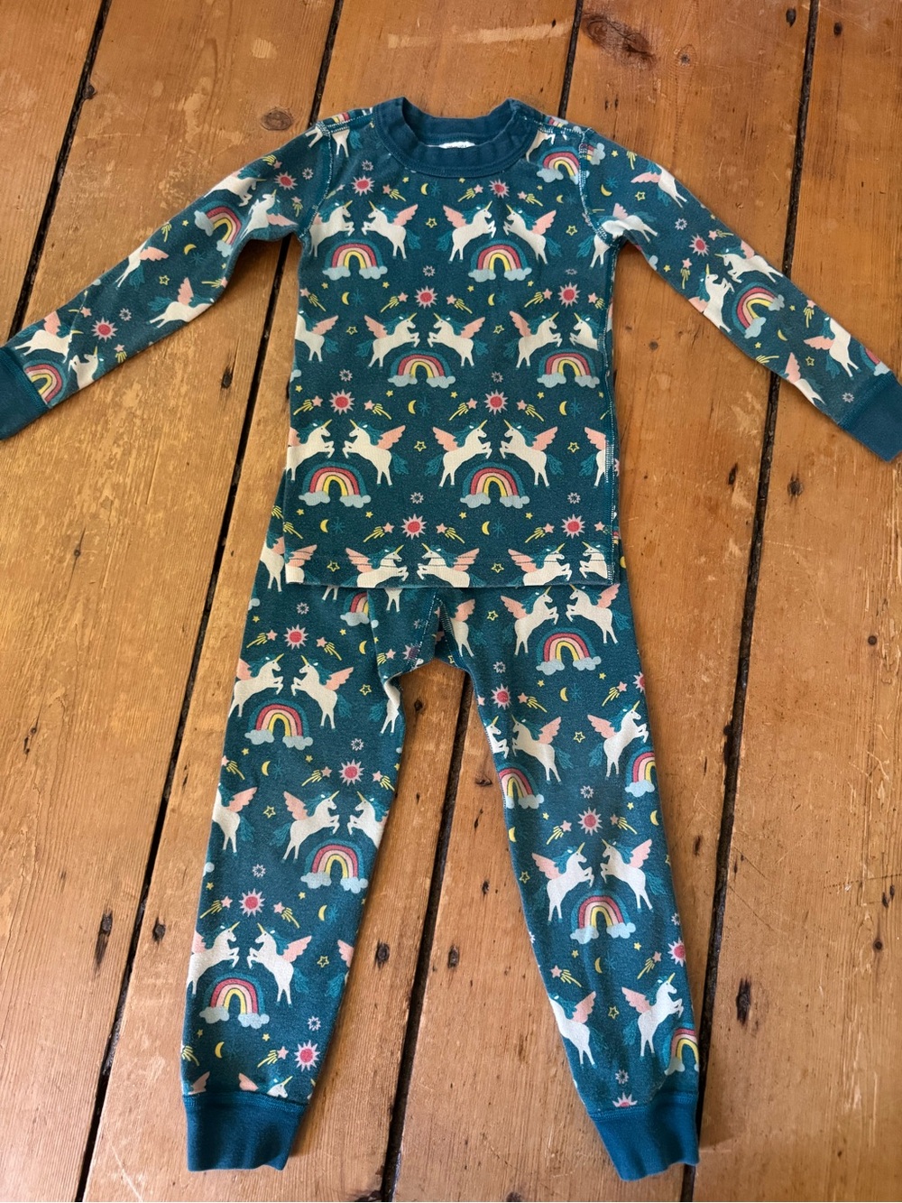 Hanna Andersson Teal Unicorn & Rainbow Kids Pajama Set